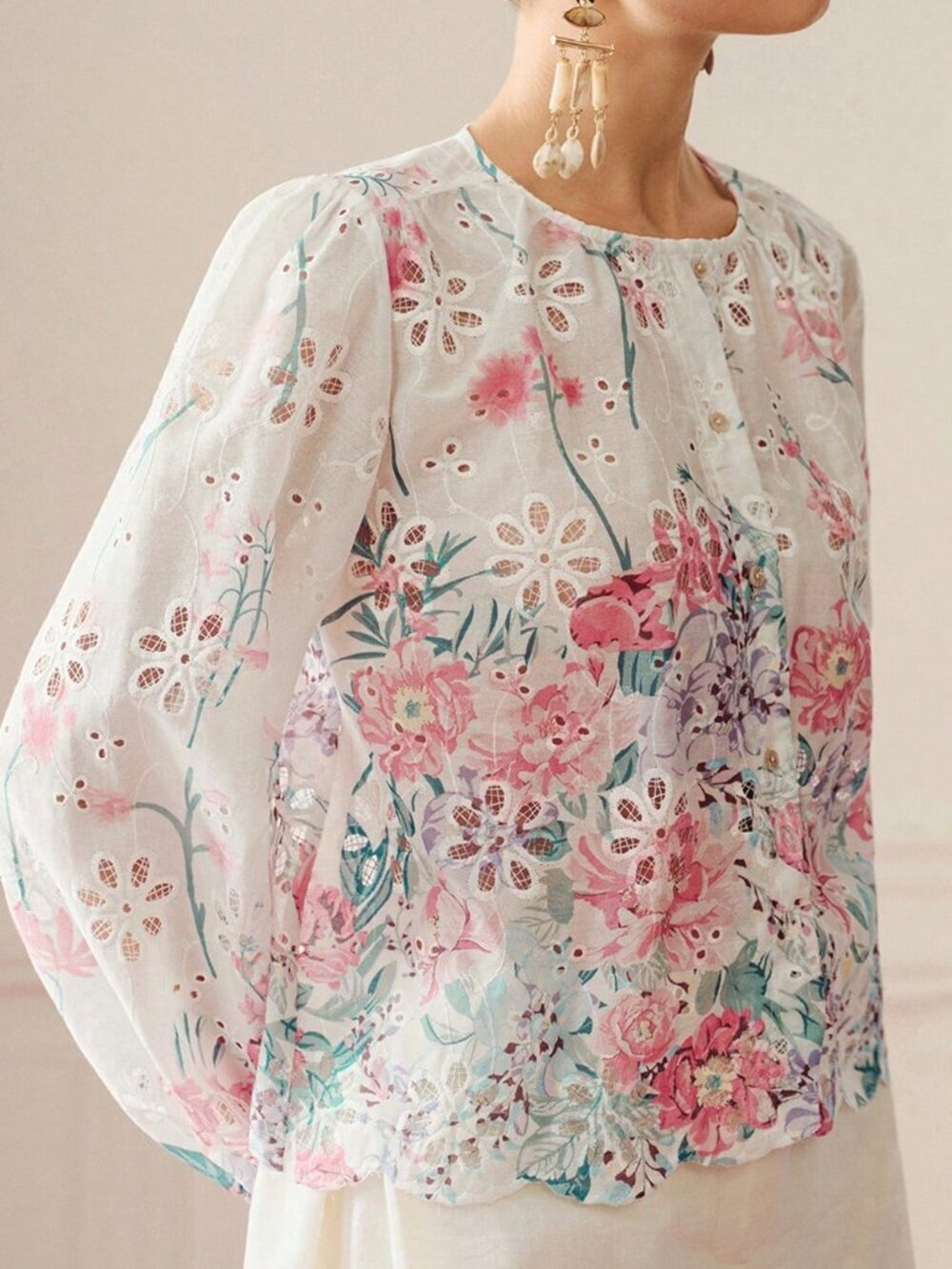Multicolor Boho Women's Embroidered Patchwork Long Sleeve Button-Up Shirt - Picture 5 of 7